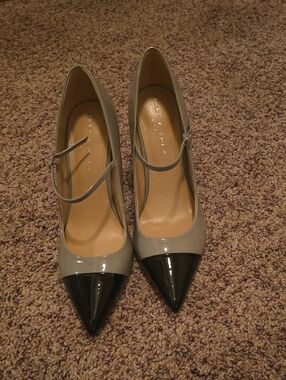 Marc Fisher Two-Tone Patent Pointed Mary Jane Pumps in Gray and Black